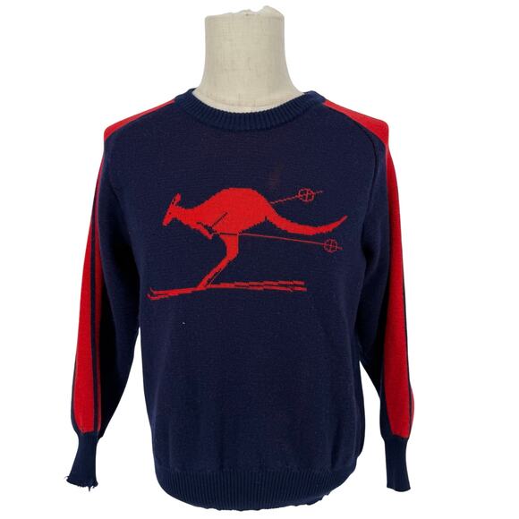 Vintage 1980s Pure Wool Sweater Kangaroo Skiing Knit Fits Men S-M or Women M-L - Picture 1 of 9